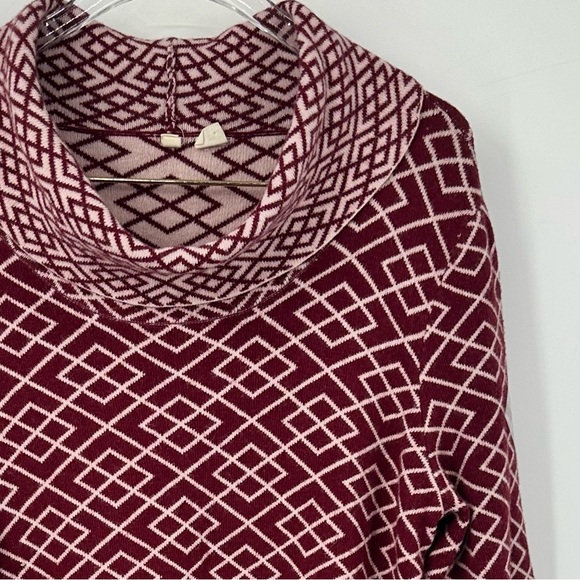 Moth Anthropologie Cowl Neck Long Sweater Tunic Wine Red White Print Large - Picture 2 of 8
